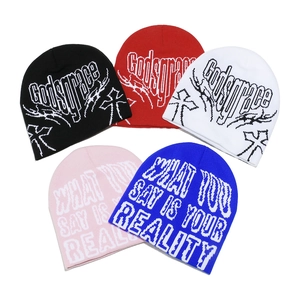 Mixed color knitted beanies with gothic cross jacquard and letter embroidery patterns