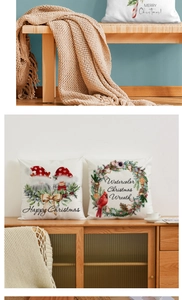 Detail showing Christmas throw pillow covers with snowman and elk patterns on sofa