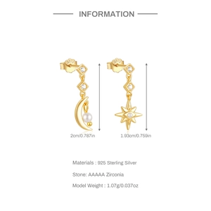 Detail of s925 silver moon and star earrings with pearls and AAAAA zirconia