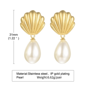 French style stainless steel gold scallop earrings with elegant teardrop pearls
