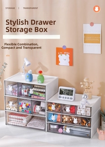Close-up of white modular desk storage box with transparent drawers and cute rabbit handles