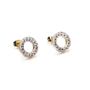 Elegant gold hollow circular stud earrings with shimmering clear cubic zirconia stones