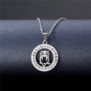 Silver stainless steel owl pendant necklace with rhinestone circle on dark background