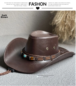 Detail of dark coffee faux leather cowboy hat with ethnic turquoise beaded decorative band