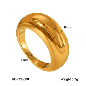 Detail view of 8mm gold plated stainless steel ring with width and thickness specs