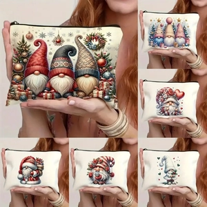 Cartoon Gnome Print Makeup Bag Fine Linen Zippered Cosmetic Pouch Christmas Theme Portable Storage Organizer For Women