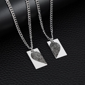 Silver stainless steel couple necklaces with rectangular fingerprint engraved tags