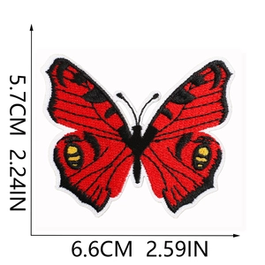 Detail view of red butterfly embroidery patch with precise size measurements 5.7x6.6 cm