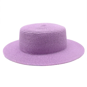 Close-up of the fine texture and lavender purple straw weave on this flat top boater hat