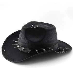 Detail of black punk cowboy hat with silver metal spikes and ring embellishments