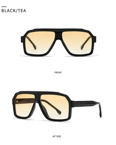 Front and 45-degree side views of black square frame sunglasses with tea gradient lenses