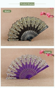 Detail of vintage lace folding fans with gold floral trim and embossed plastic ribs