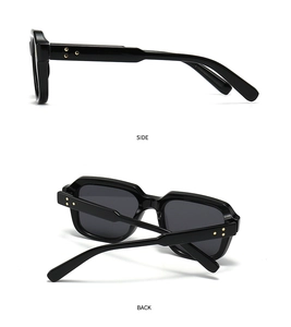 Side and back view of black square sunglasses with triple gold star rivets on temples