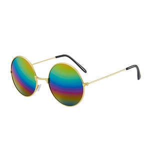Detail of round retro sunglasses with gold metal frame and colorful rainbow gradient lenses