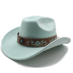 Detail of mint green western felt hat with floral embroidered leather band and turquoise stud
