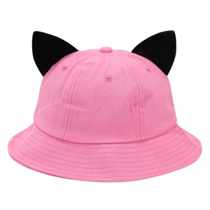 Pink fisherman hat with black devil ears decoration in a cute cartoon style