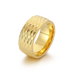 Polished 10mm wide gold stainless steel ring with elegant diamond-cut rhombic pattern
