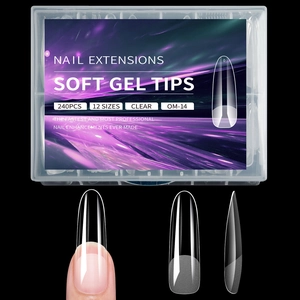 Detailed set of 240pcs clear soft gel nail tips in 12 sizes with professional storage box