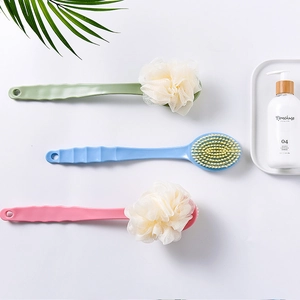 Long handle bath brush set with soft nylon bristles and PE loofah sponge in three colors