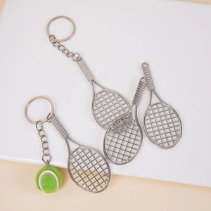 Portachiavi mini racchetta da tennis in lega con pallina floccata su espositore bianco