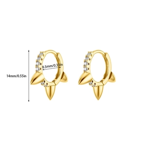 Detail showing dimensions of 14mm gold spiked hoop earrings with white zircon stones