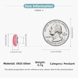 Macro shot of 925 sterling silver pink enamel spacer charm with dimension comparison