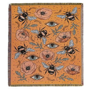 Bohemian Picknickdecke in Senfgelb mit gewebten Bienen- und Blumenmustern