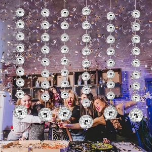 Hanging disco mirror ball garlands for party decoration with reflective silver glass tiles