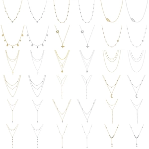 Detailed grid showing 36 styles of S925 silver necklaces with zircon and pearls