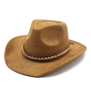 Classic camel faux suede western cowboy hat with cross-woven band on white background