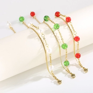 Double-layered gold titanium steel bracelet featuring colorful beads and elegant pearls