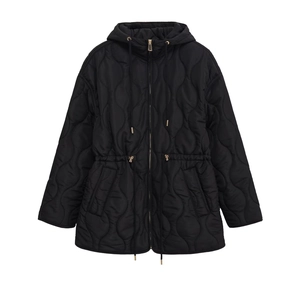 Women's black quilted mid-length hooded jacket with waist drawstring and gold zippers