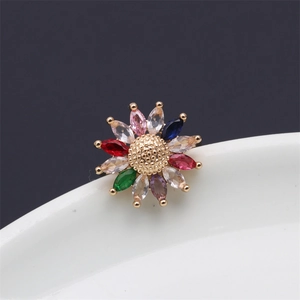 Adjustable sunflower ring with colorful marquise zircons set in a warm gold-tone band