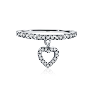 Sparkling S925 sterling silver heart pendant ring with brilliant pavé zircon stones