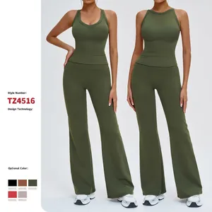Débardeur Tricot Côtelé Nylon Spandex Et Pantalon Évasé Taille Haute Vêtements Yoga Femmes Gym Fitness Activewear
