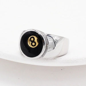 Men's titanium steel ring with a black billiard number 8 design and silver band
