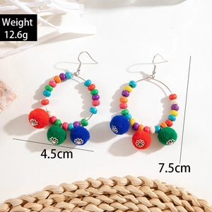 Colorful beaded hoop earrings with pom poms, bohemian style, 7.5cm length and 12.6g weight