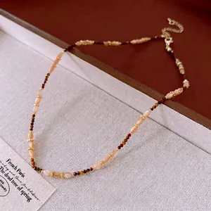 Vintage floral tiger eye stone beaded necklace with gold accents and adjustable chain