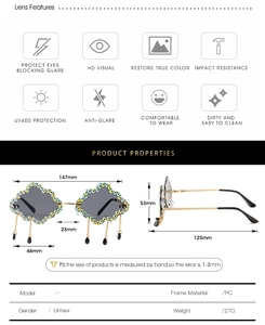 Detailed size chart for cloud-shaped sunglasses with diamond accents and UV400 lenses