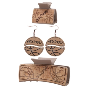 Detail of mom themed beige hair clips and earrings with wood texture and basketball pattern