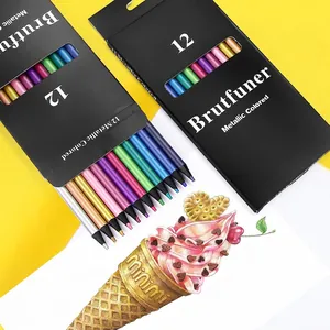 Set of 12 metallic colored pencils in black wood with vibrant artistic drawing effects