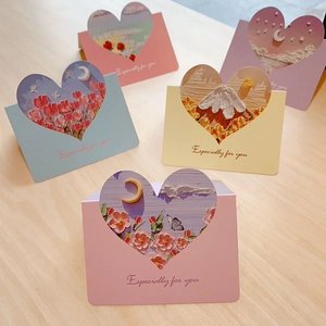 Set of 5 3D oil painting greeting cards with heart-shaped cutouts and floral designs