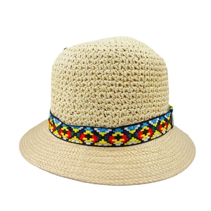 Breathable handmade straw jazz hat for women with ethnic geometric woven band detail