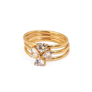 Golden stainless steel four-leaf clover ring set with heart-shaped zircon stones