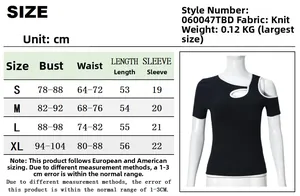 Detailed size chart for the off-shoulder knit top featuring bust and waist measurements