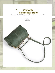 Detail of vintage dark green nubuck leather bag with ornate metal frame and clasp