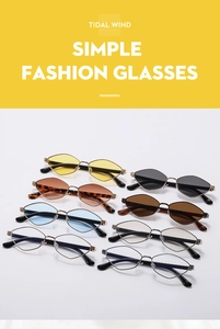 Close-up of geometric polygon metal sunglasses in various colors with thin metal frames