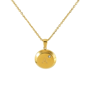 Minimalist 18K gold plated stainless steel necklace with letter A round pendant