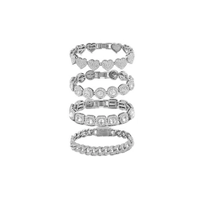 Set of 4 silver iced-out hip hop bracelets with heart, round, and square crystal charms