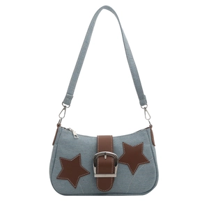 Chic blue denim underarm bag with star patches and brown belt buckle decoration